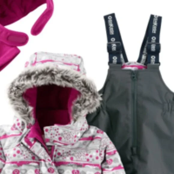 NWT Oshkosh B'gosh Baby Girl 4PC Snowsuit Set Heart Fleece-Lined Jacket … - Picture 3 of 4